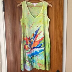 Leoma Lovegrove /  V-Neck bird of paradise floral Sleeveless Dress in Lime Green